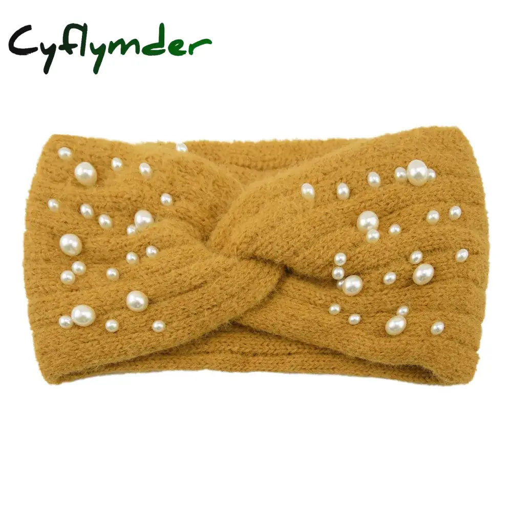 Cyflymder New Pearl Knitted Cross Headbands For Women Girls Handmade Hair Accessories Autumn Winter Headwear Ear Warmer