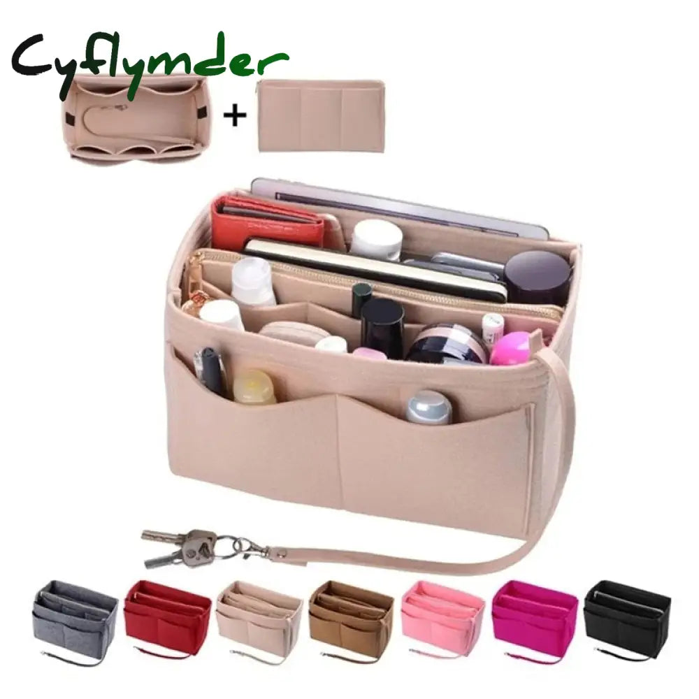 Cyflymder New Popular Women’s Makeup Organizer Felt Cloth Insert Bag Multi-Functional Travel