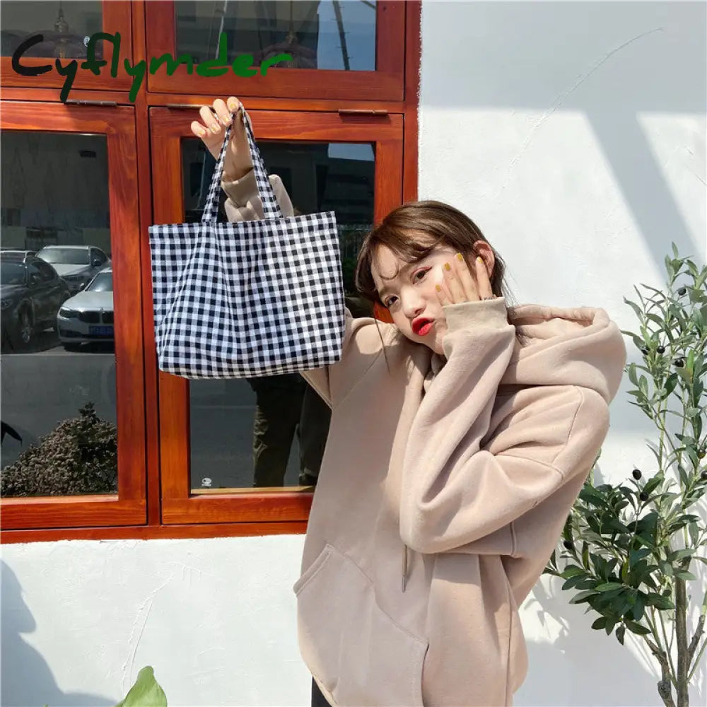 Cyflymder New Portable Lunch Bag Japanese Plaid Cotton Picnic Food Women Simple Small Tote Korean