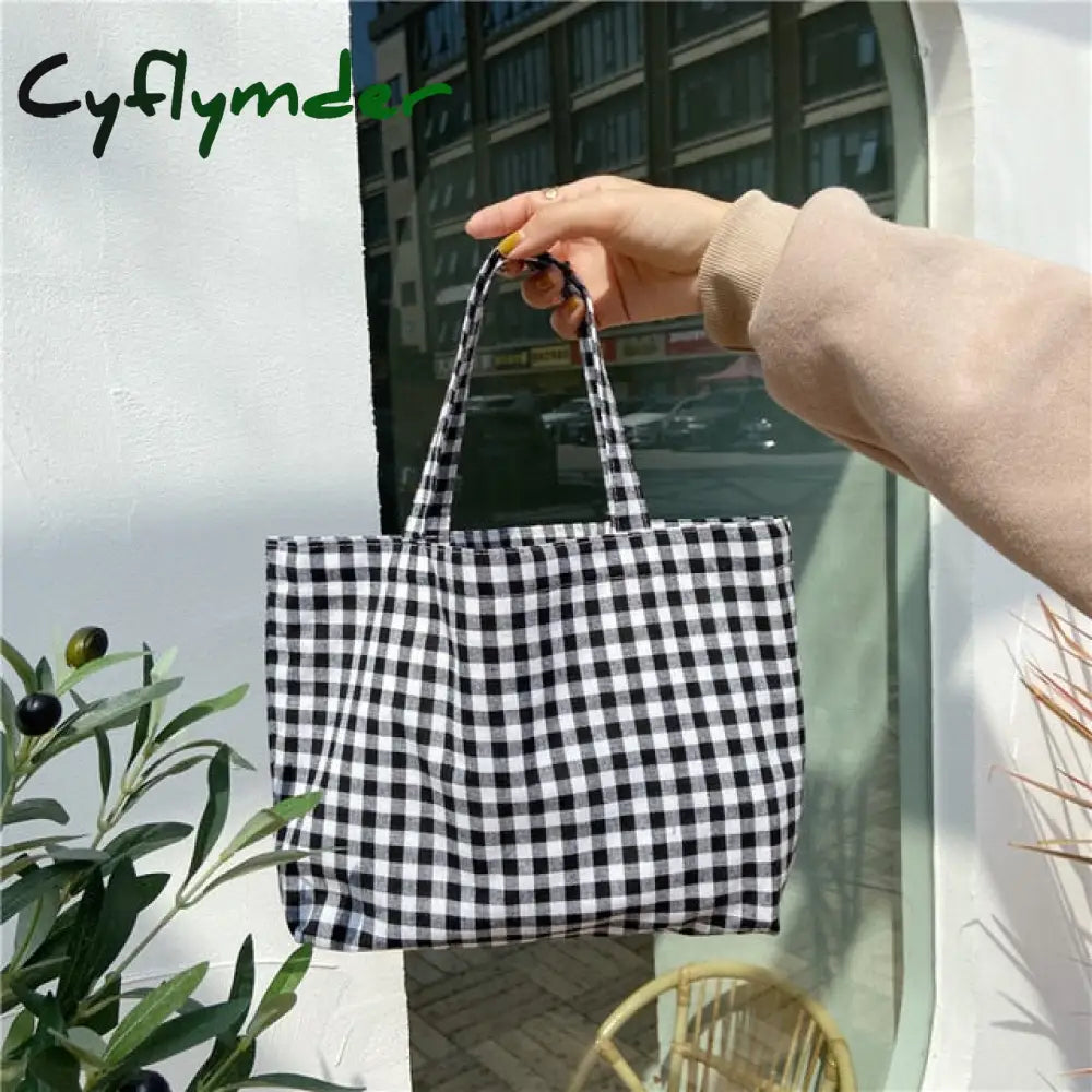 Cyflymder New Portable Lunch Bag Japanese Plaid Cotton Picnic Food Women Simple Small Tote Korean