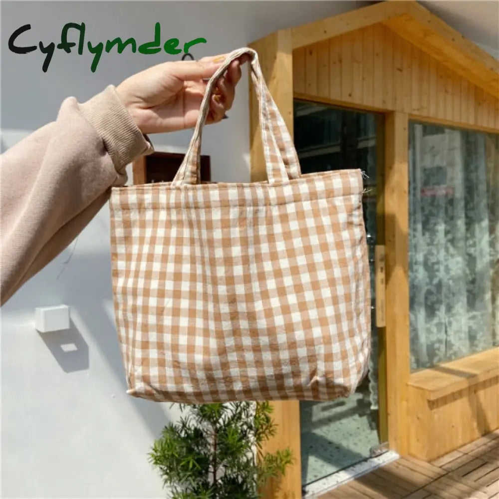 Cyflymder New Portable Lunch Bag Japanese Plaid Cotton Picnic Food Women Simple Small Tote Korean