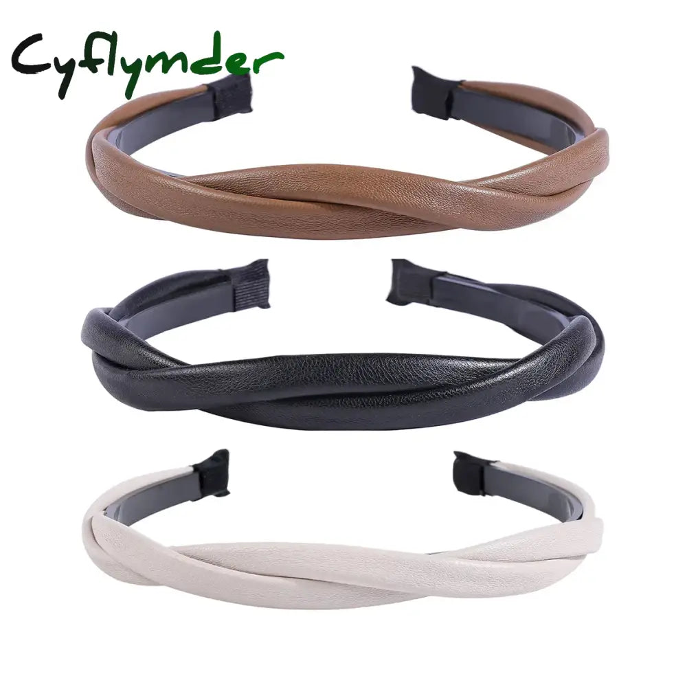 Cyflymder New Pu Leather Braided Headband Coffee Beige Black Twisted Hairband Women Girls Simple