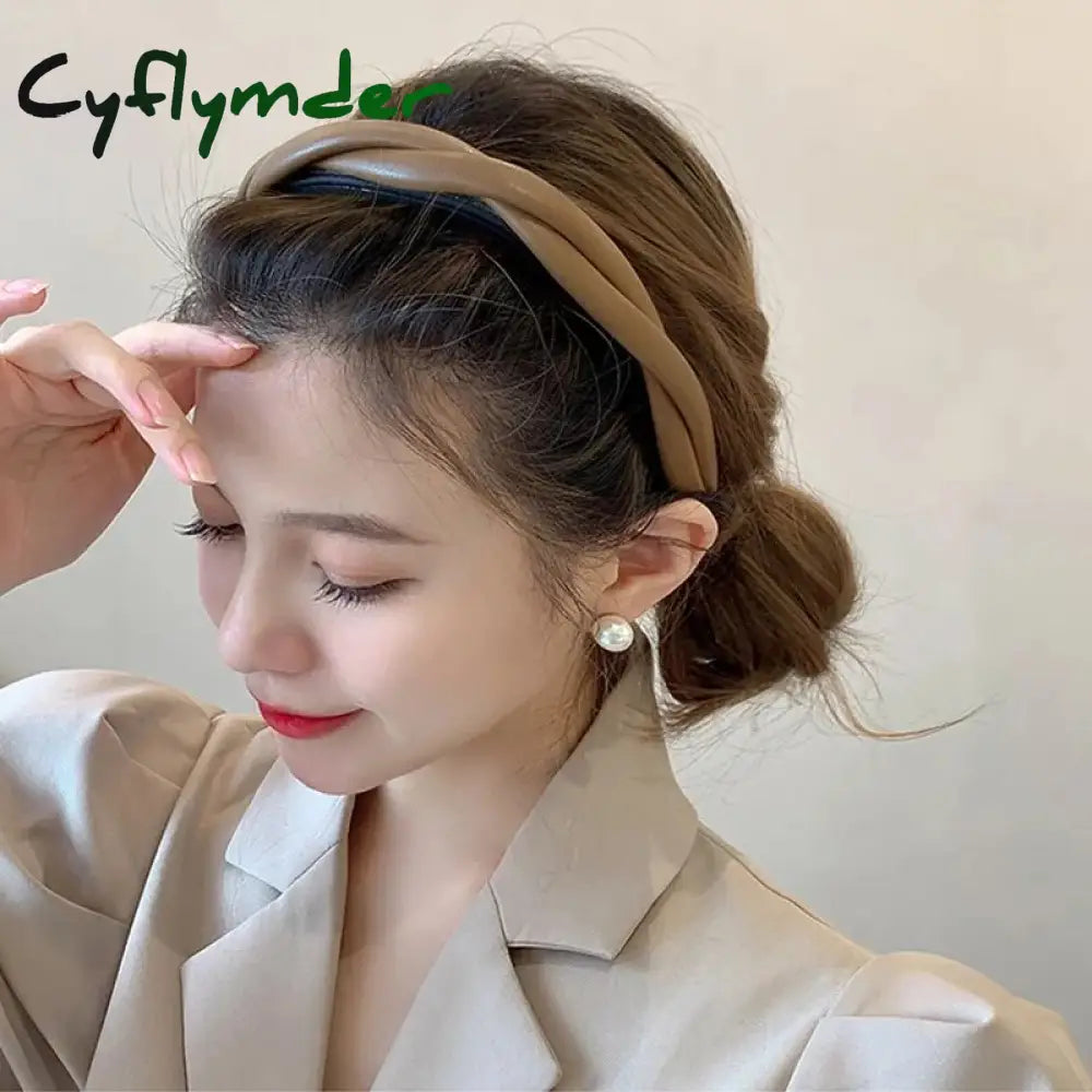 Cyflymder New Pu Leather Braided Headband Coffee Beige Black Twisted Hairband Women Girls Simple