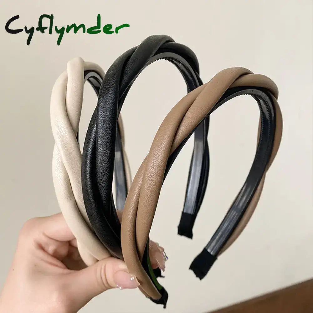 Cyflymder New Pu Leather Braided Headband Coffee Beige Black Twisted Hairband Women Girls Simple