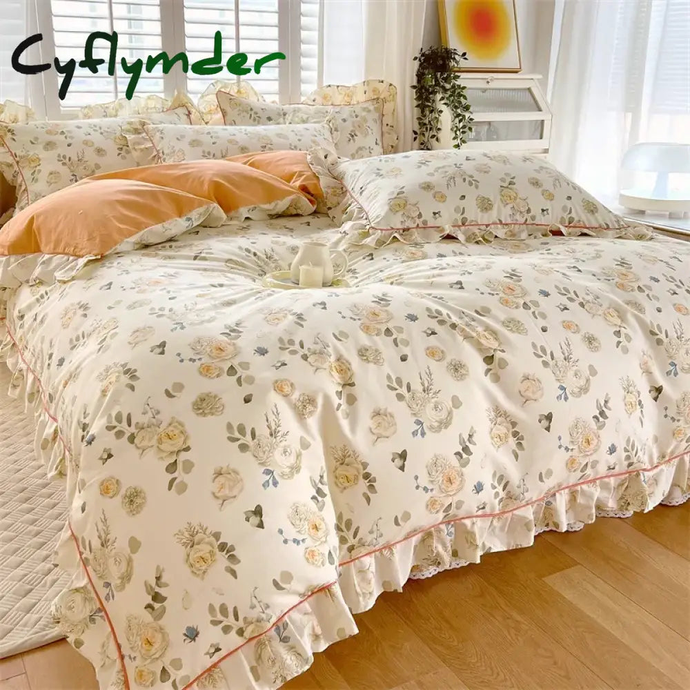 Cyflymder New Ruffles 100% Cotton Duvet Cover Set or Single Duvet Covers Floral Princess Style All Cotton Quilt Cover