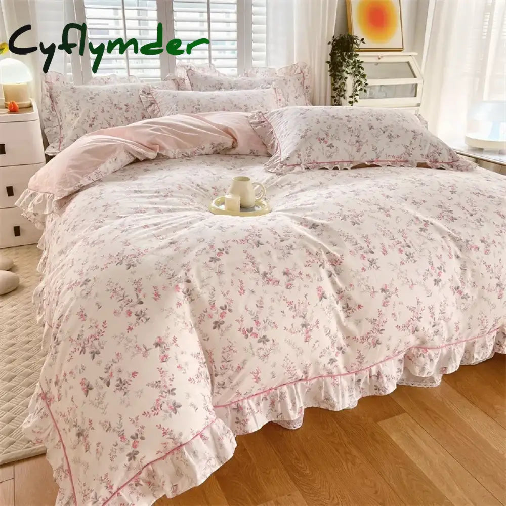 Cyflymder New Ruffles 100% Cotton Duvet Cover Set or Single Duvet Covers Floral Princess Style All Cotton Quilt Cover