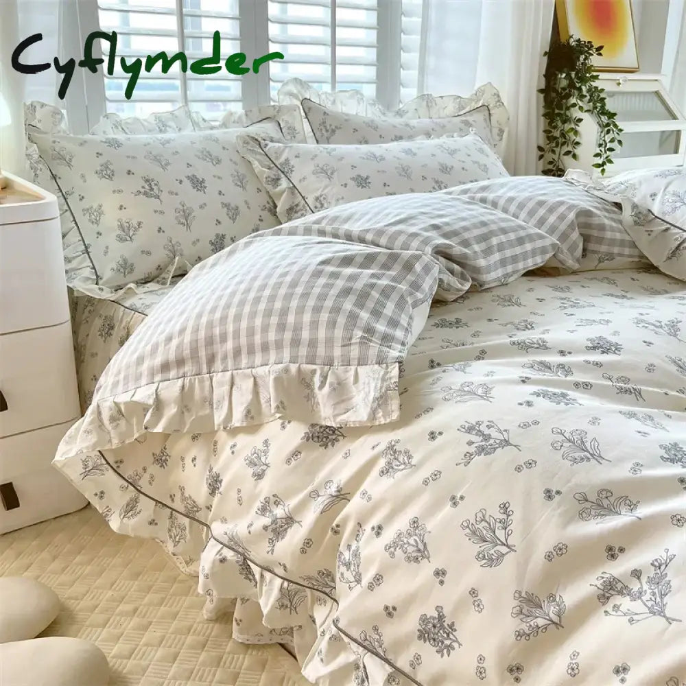 Cyflymder New Ruffles 100% Cotton Duvet Cover Set or Single Duvet Covers Floral Princess Style All Cotton Quilt Cover