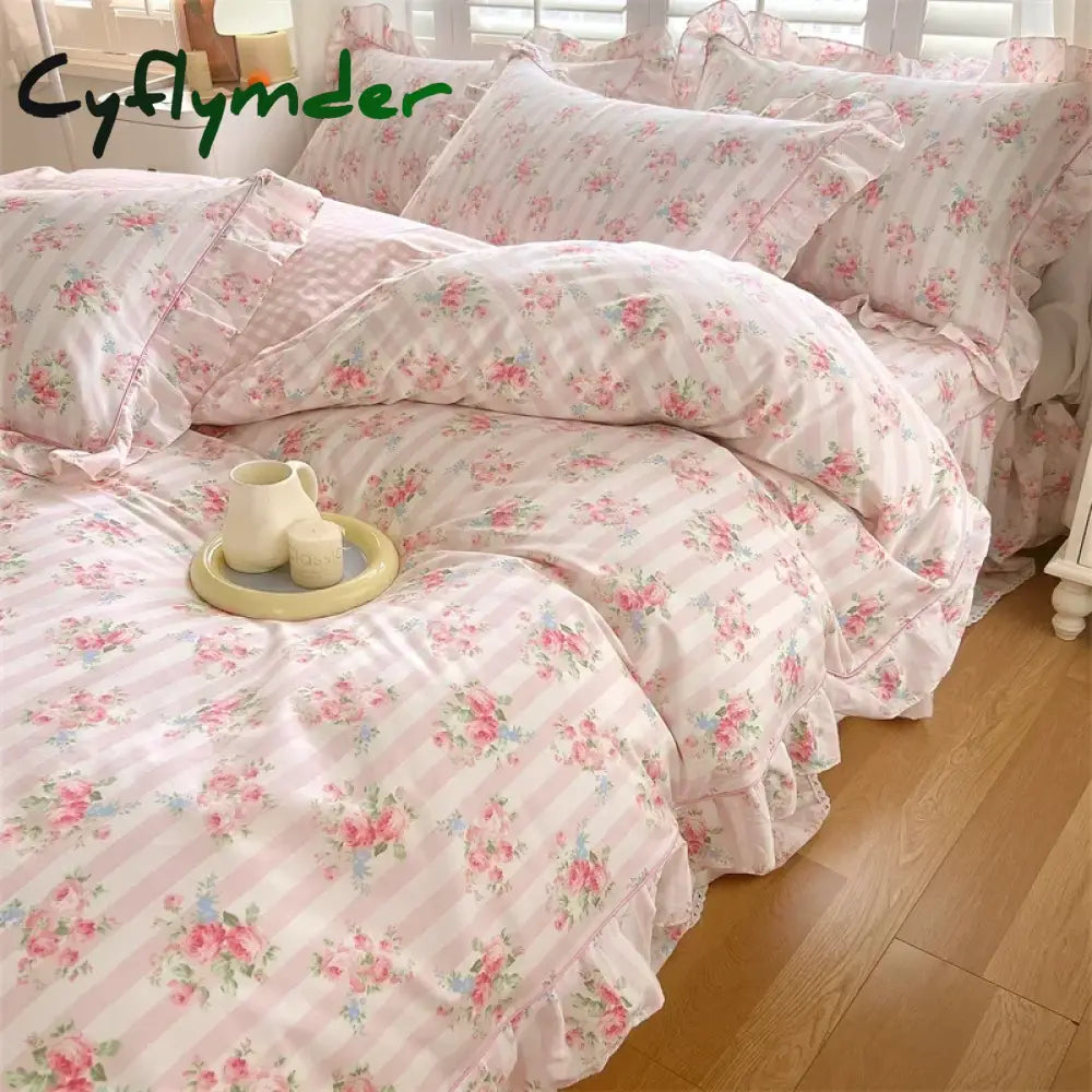 Cyflymder New Ruffles 100% Cotton Duvet Cover Set or Single Duvet Covers Floral Princess Style All Cotton Quilt Cover