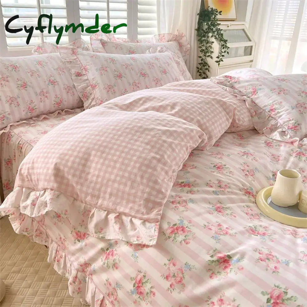 Cyflymder New Ruffles 100% Cotton Duvet Cover Set or Single Duvet Covers Floral Princess Style All Cotton Quilt Cover