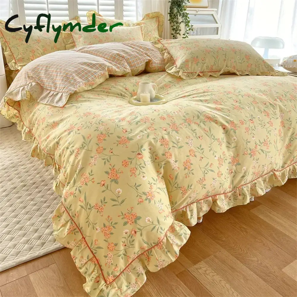 Cyflymder New Ruffles 100% Cotton Duvet Cover Set or Single Duvet Covers Floral Princess Style All Cotton Quilt Cover