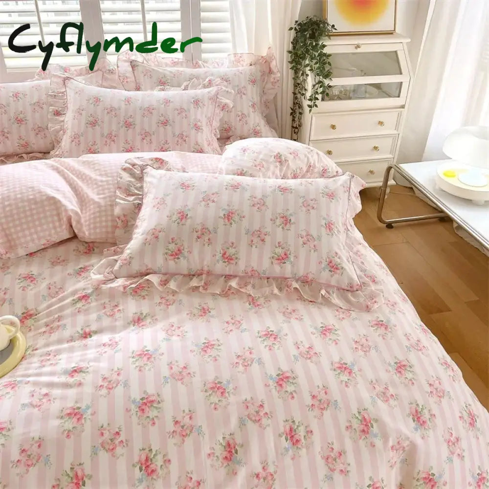 Cyflymder New Ruffles 100% Cotton Duvet Cover Set or Single Duvet Covers Floral Princess Style All Cotton Quilt Cover