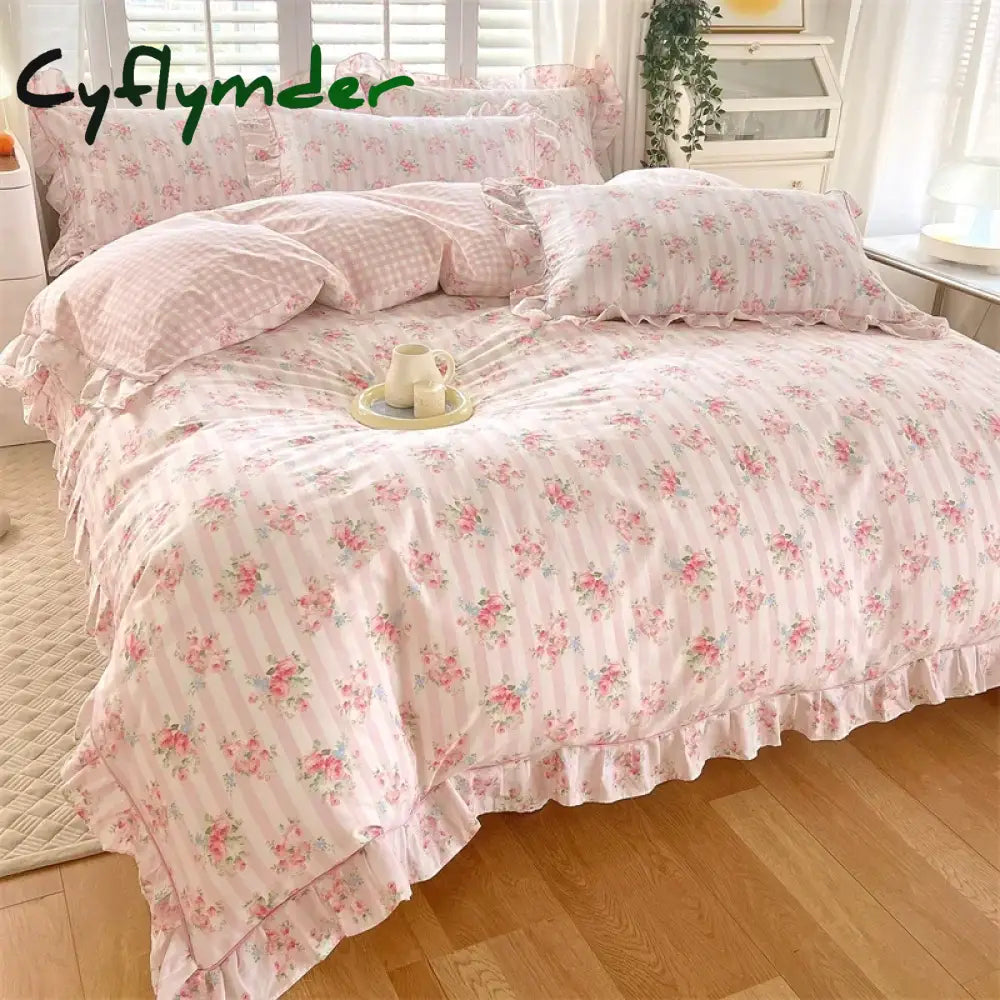 Cyflymder New Ruffles 100% Cotton Duvet Cover Set or Single Duvet Covers Floral Princess Style All Cotton Quilt Cover