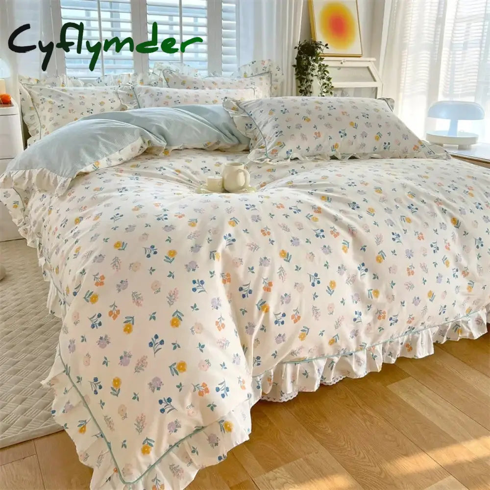 Cyflymder New Ruffles 100% Cotton Duvet Cover Set or Single Duvet Covers Floral Princess Style All Cotton Quilt Cover