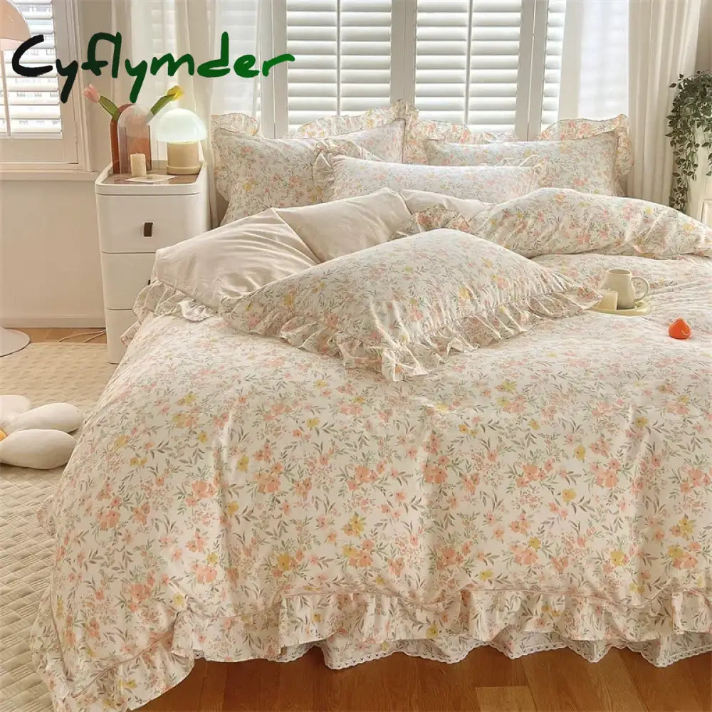 Cyflymder New Ruffles 100% Cotton Duvet Cover Set or Single Duvet Covers Floral Princess Style All Cotton Quilt Cover