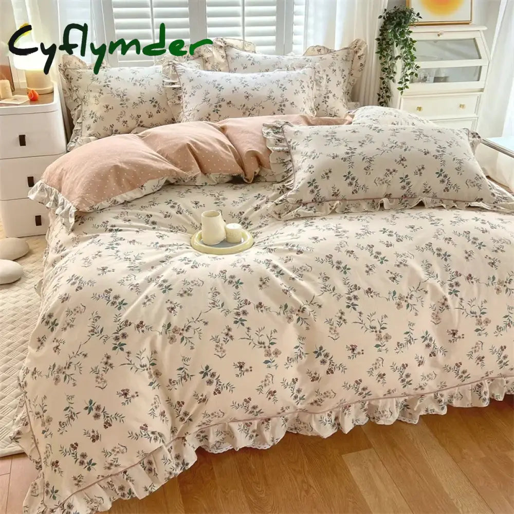 Cyflymder New Ruffles 100% Cotton Duvet Cover Set or Single Duvet Covers Floral Princess Style All Cotton Quilt Cover