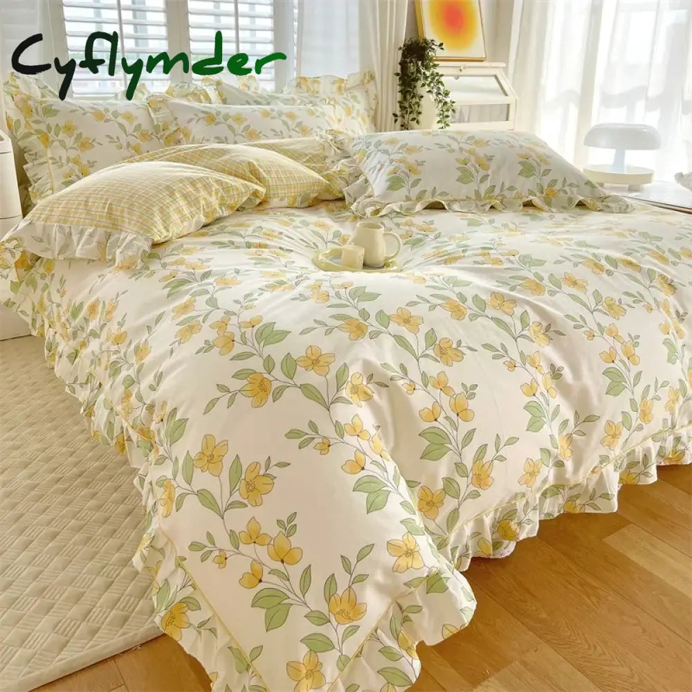 Cyflymder New Ruffles 100% Cotton Duvet Cover Set or Single Duvet Covers Floral Princess Style All Cotton Quilt Cover