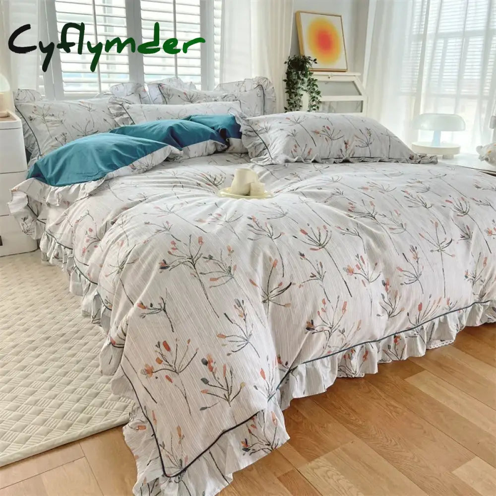 Cyflymder New Ruffles 100% Cotton Duvet Cover Set or Single Duvet Covers Floral Princess Style All Cotton Quilt Cover