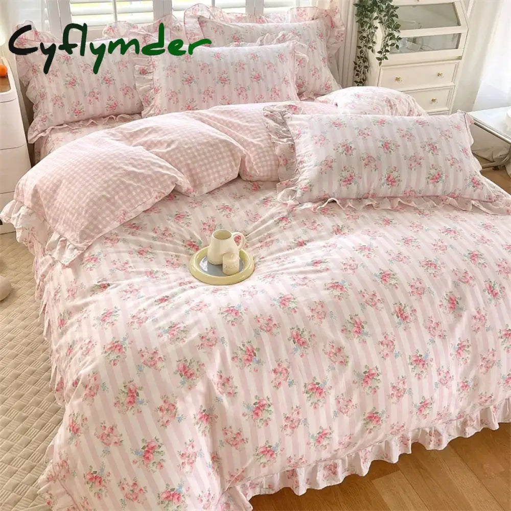 Cyflymder New Ruffles 100% Cotton Duvet Cover Set or Single Duvet Covers Floral Princess Style All Cotton Quilt Cover