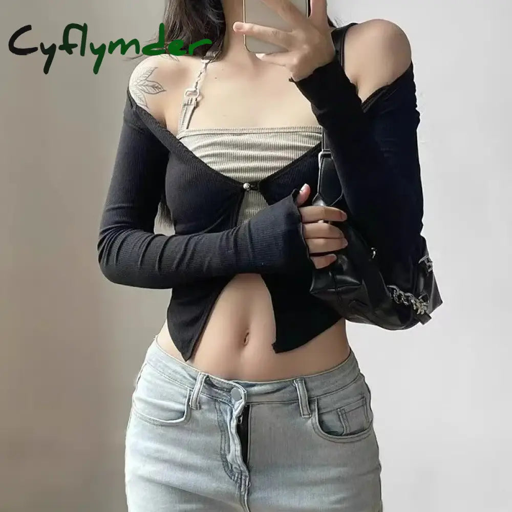 2024 New Sexy Two Piece Set Halter Camisole Crop Top Women V-Neck Hollow Out T-shirt Long Sleeve Versatile Slim TopY2k Clothing