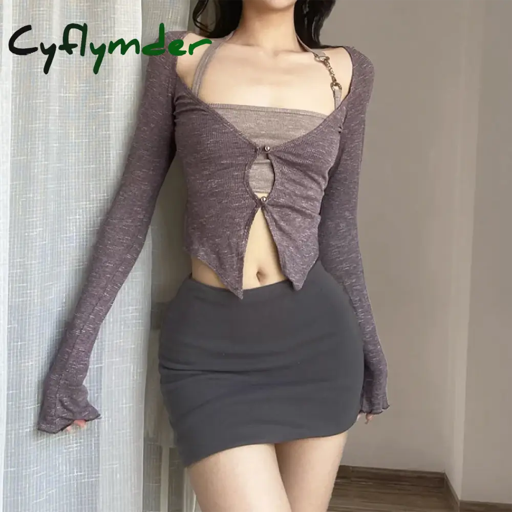 Cyflymder New Sexy Two Piece Set Halter Camisole Crop Top Women V-Neck Hollow Out T-Shirt Long