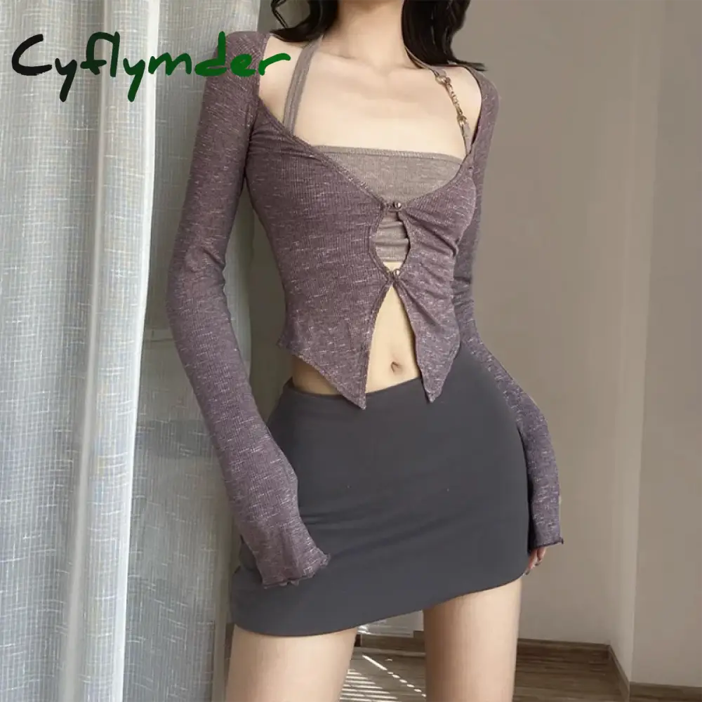 Cyflymder New Sexy Two Piece Set Halter Camisole Crop Top Women V-Neck Hollow Out T-Shirt Long