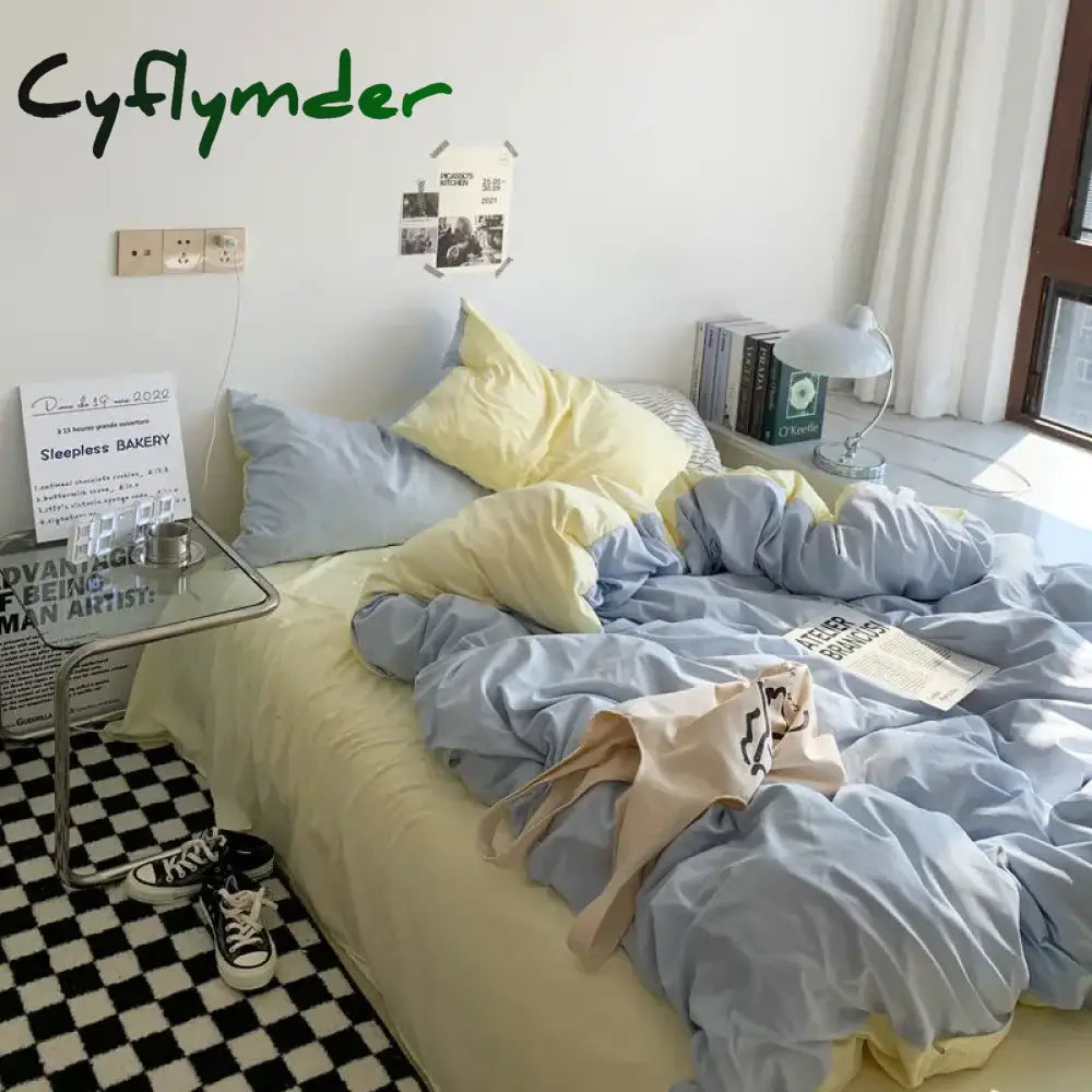 Cyflymder New Small Fresh Double Spell Light Blue Cheese Bed Sheet Four-piece Set Girl Heart Sunshine Dormitory Single