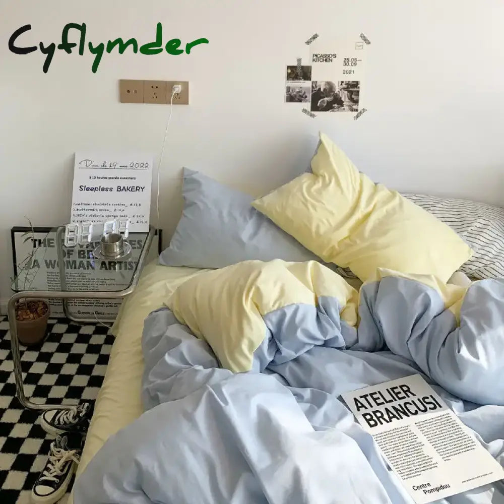 Cyflymder New Small Fresh Double Spell Light Blue Cheese Bed Sheet Four-piece Set Girl Heart Sunshine Dormitory Single