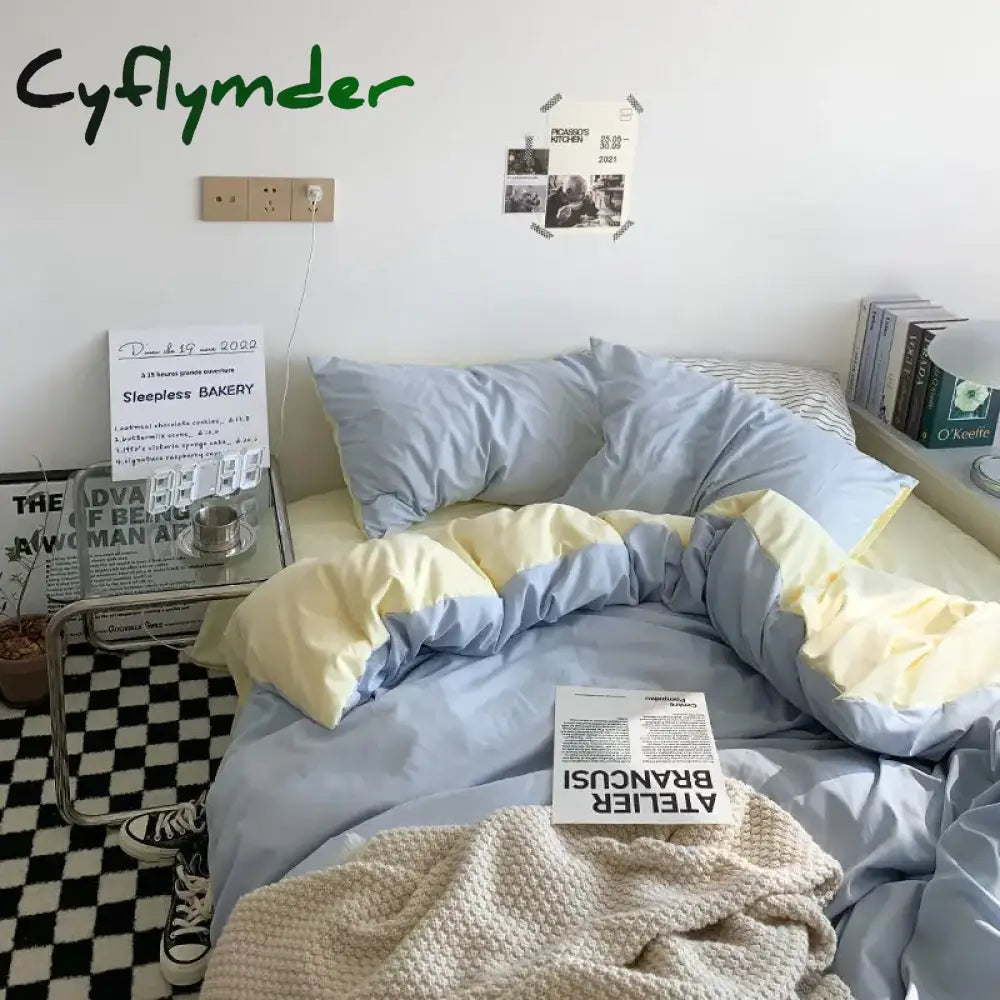 Cyflymder New Small Fresh Double Spell Light Blue Cheese Bed Sheet Four-piece Set Girl Heart Sunshine Dormitory Single