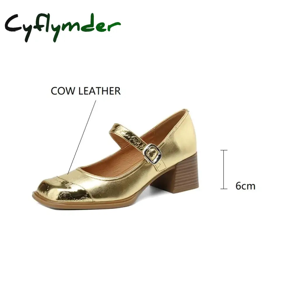 Cyflymder New Spring Cow Leather Women Shoes Square Toe Pumps Fashion Retro Mary Jane For High