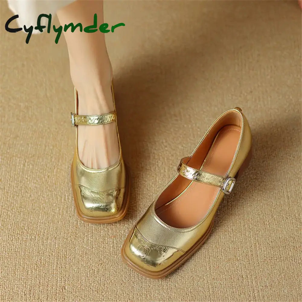 Cyflymder New Spring Cow Leather Women Shoes Square Toe Pumps Fashion Retro Mary Jane For High