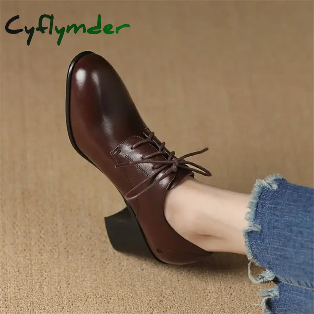 Cyflymder New Spring Genuine Leather Women Shoes Round Toe Pumps For High Heel Chunky Zapatos Mujer