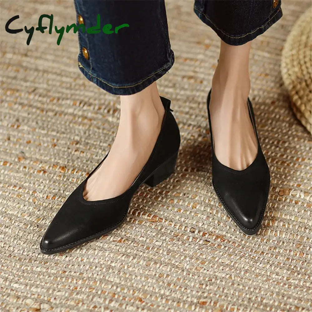 Cyflymder New Spring/Summer Women Shoes Sheep Leather Pumps Pointed Toe Chunky Heel Loafers Genuine