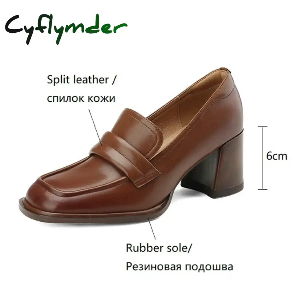 Cyflymder New Spring Women Loafers Split Leather Shoes For Square Toe Chunky Heel Slip-On Pumps