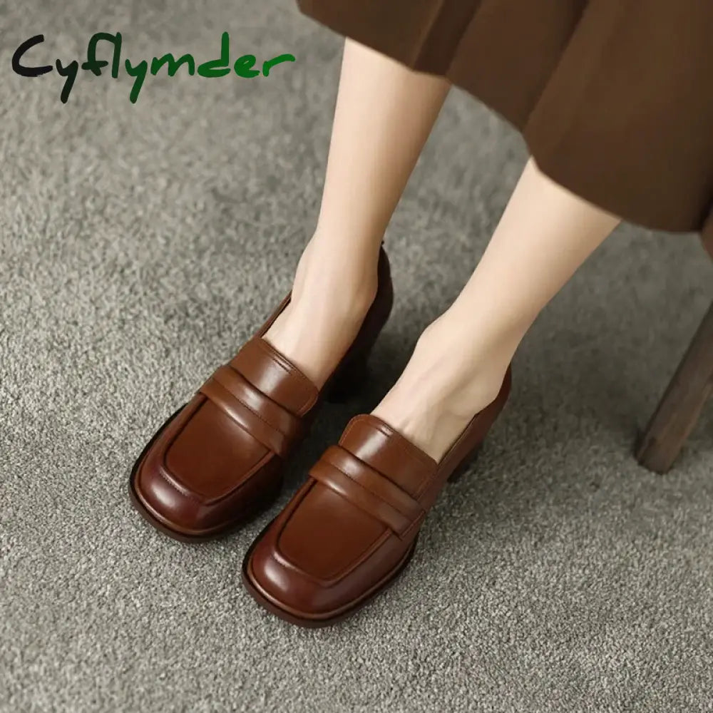 Cyflymder New Spring Women Loafers Split Leather Shoes For Square Toe Chunky Heel Slip-On Pumps