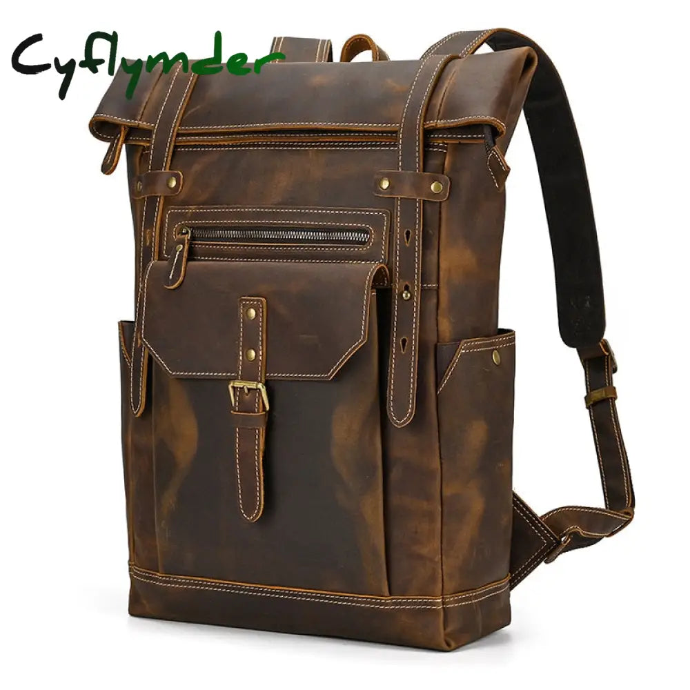 Cyflymder New Style Men’s Leather Backpack Vintage Fashion Men Male Travel Bag Laptop Bagpack For