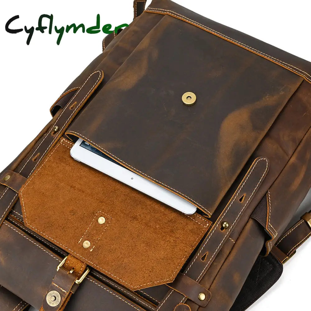 Cyflymder New Style Men’s Leather Backpack Vintage Fashion Men Male Travel Bag Laptop Bagpack For