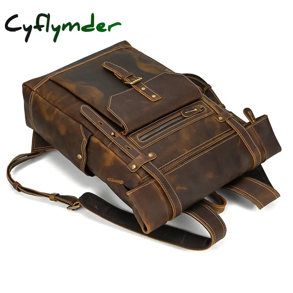 Cyflymder New Style Men’s Leather Backpack Vintage Fashion Men Male Travel Bag Laptop Bagpack For