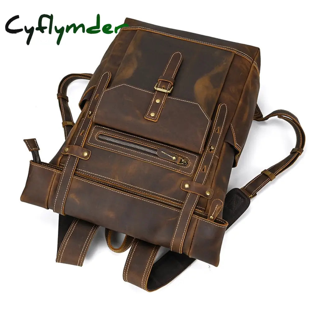 Cyflymder New Style Men’s Leather Backpack Vintage Fashion Men Male Travel Bag Laptop Bagpack For