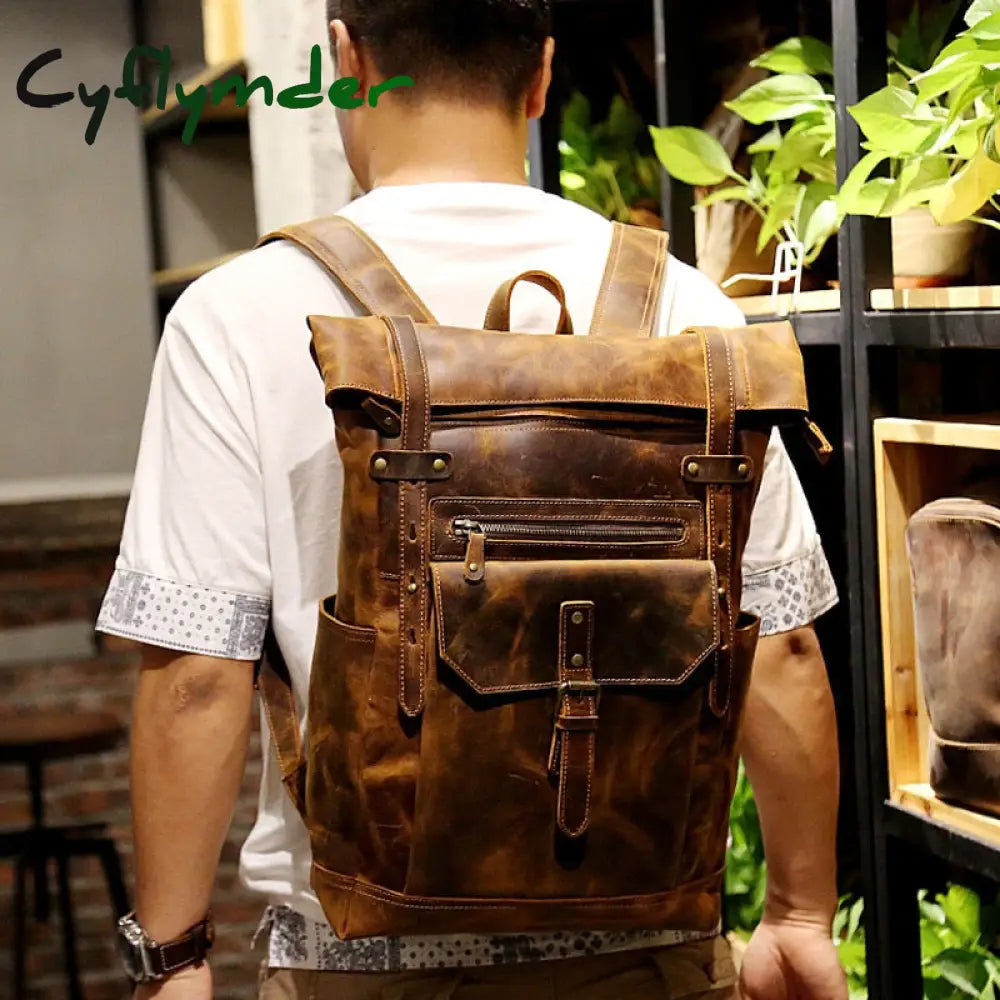 Cyflymder New Style Men’s Leather Backpack Vintage Fashion Men Male Travel Bag Laptop Bagpack For