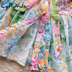 Cyflymder New Summer Holiday Beach Short Dress Women’s Stand Long Lantern Sleeve Floral Print