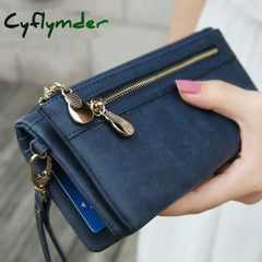 Cyflymder New Vintage Frosted Double Zipper Long Wallet Large Capacity Women Folding Mobile Bag Women Wallet Blue