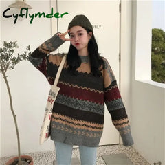 Cyflymder New Vintage Sweater Women’s Pullover Winter Striped Korean Version Loose Knitted Casual