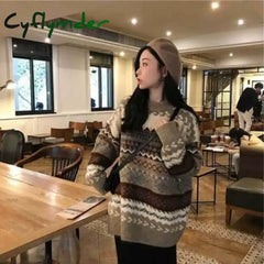 Cyflymder New Vintage Sweater Women’s Pullover Winter Striped Korean Version Loose Knitted Casual