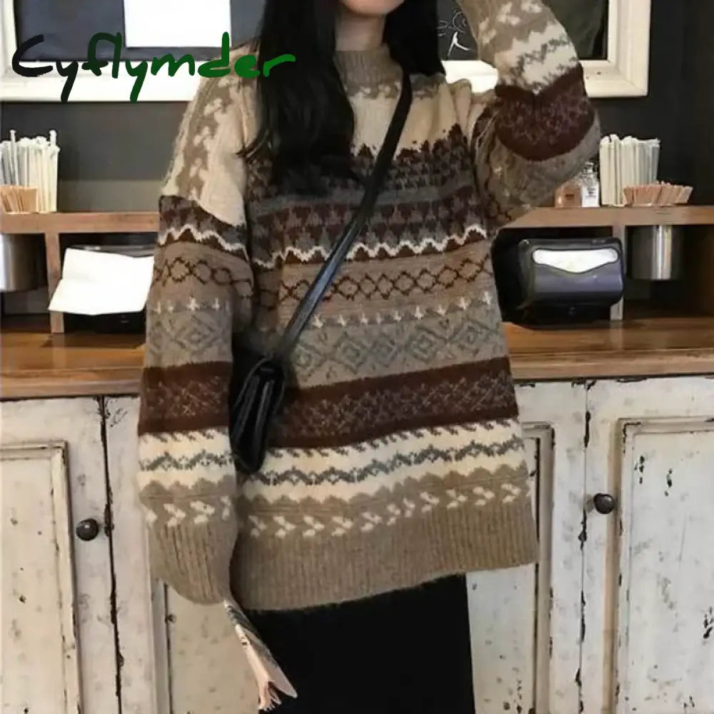 Cyflymder New Vintage Sweater Women’s Pullover Winter Striped Korean Version Loose Knitted Casual