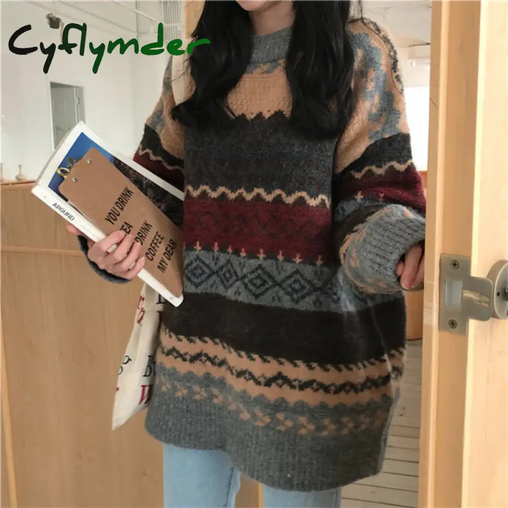 New Vintage Sweater Women's Pullover Winter Striped Pullover Korean Version Loose Pullover Knitted Casual Loose Sweater Women