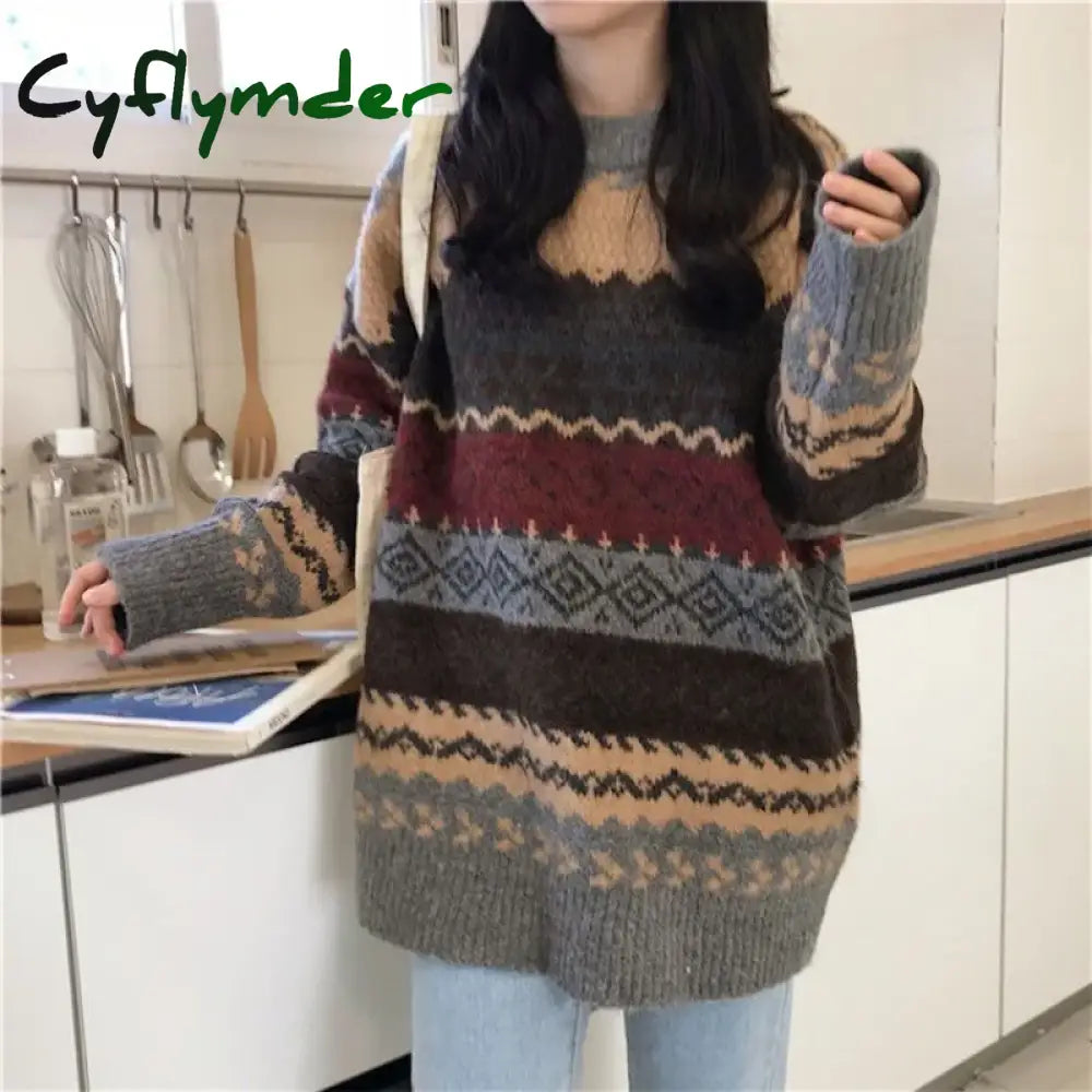 Cyflymder New Vintage Sweater Women’s Pullover Winter Striped Korean Version Loose Knitted Casual