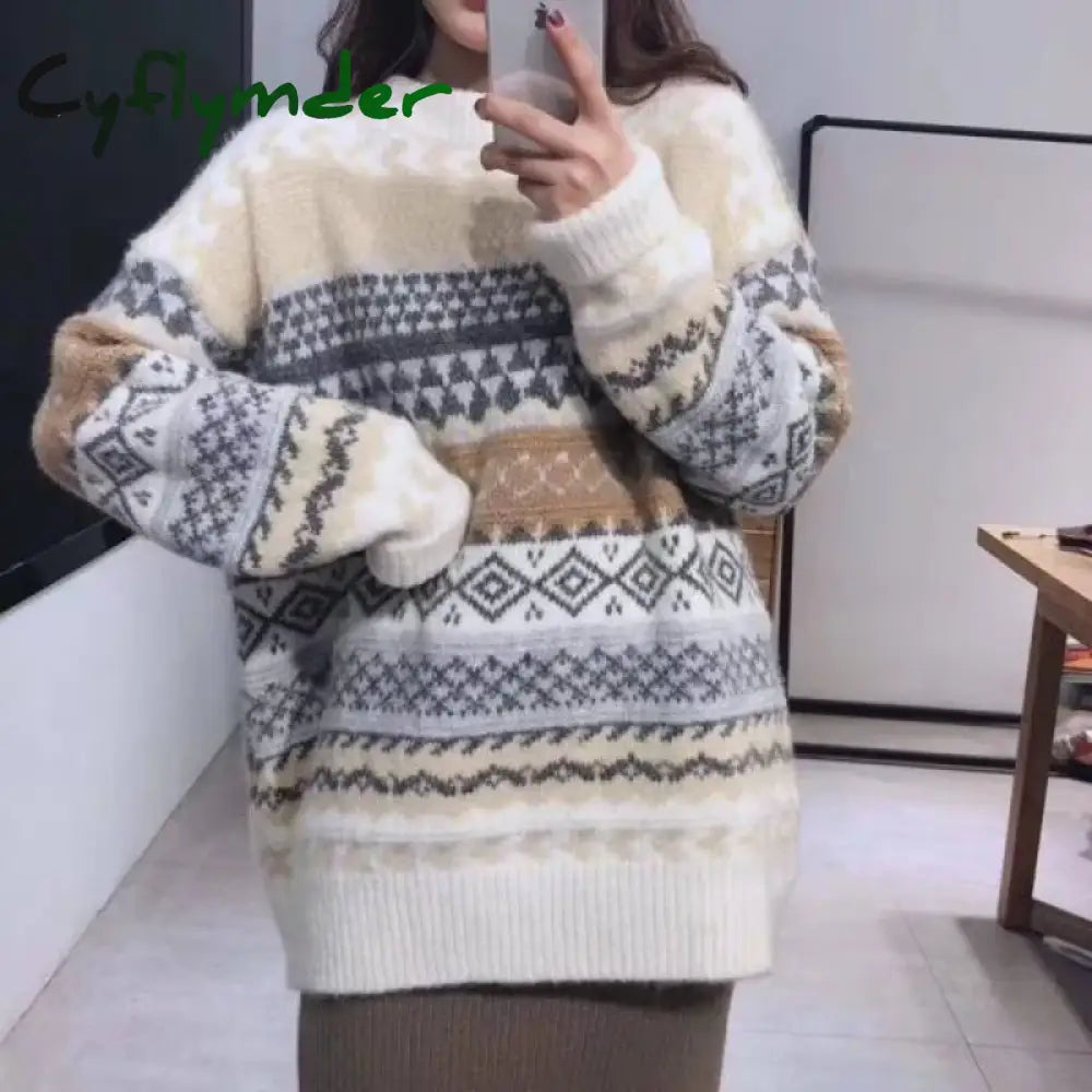 Cyflymder New Vintage Sweater Women’s Pullover Winter Striped Korean Version Loose Knitted Casual