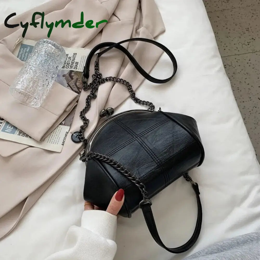 Cyflymder New Vintage Two Straps Shell Lock Bag Chain For Women Shoulder Crossbody Bags Pu Leather