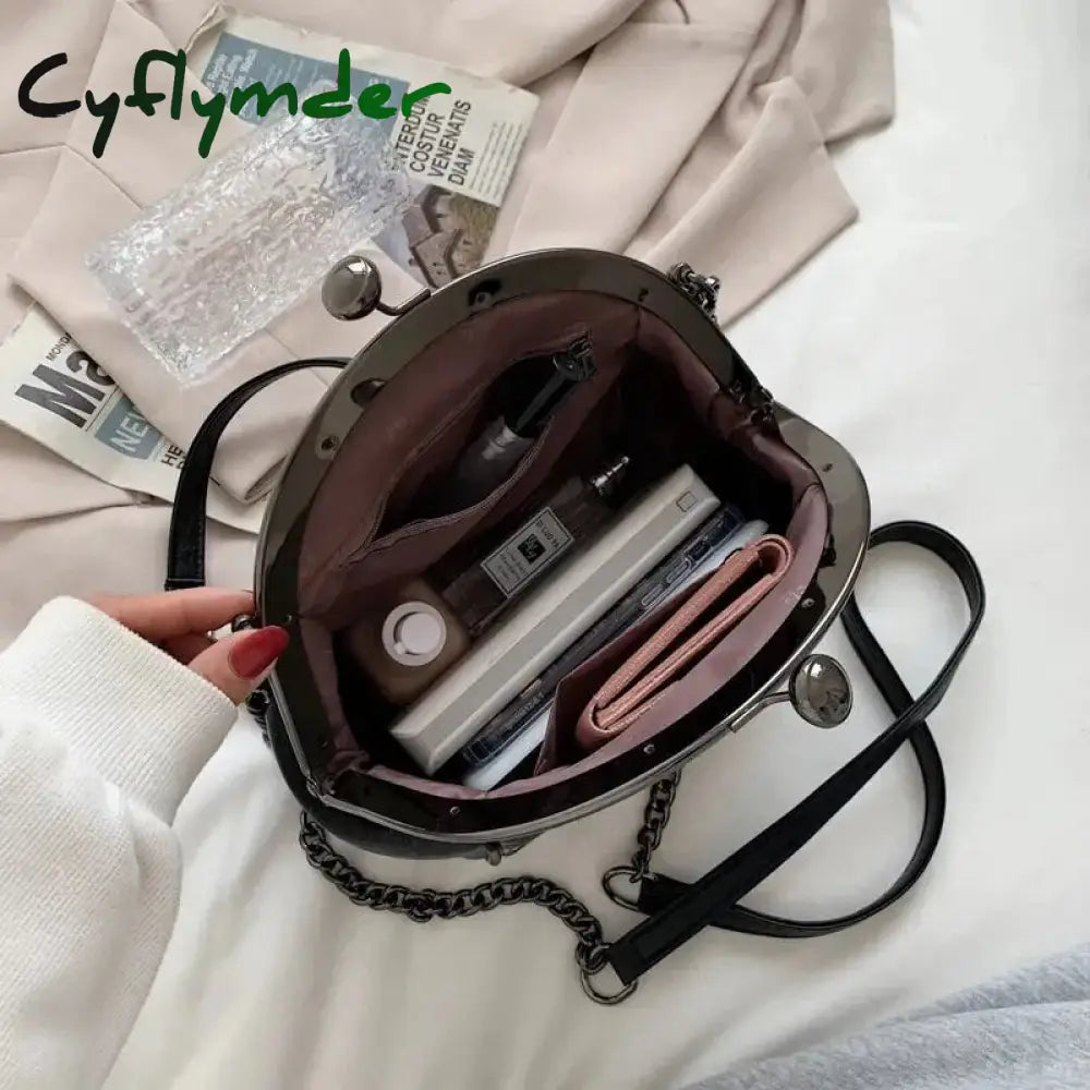 Cyflymder New Vintage Two Straps Shell Lock Bag Chain For Women Shoulder Crossbody Bags Pu Leather