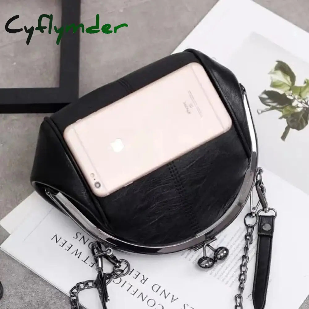 Cyflymder New Vintage Two Straps Shell Lock Bag Chain For Women Shoulder Crossbody Bags Pu Leather